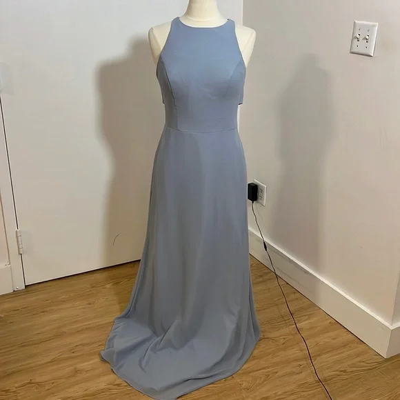 chiffon light blue bridesmaid dresses Chic A Line Dusty Blue Chiffon Slit Bridesmaid Dress with Flared Sleev –  Anniebride main image 1